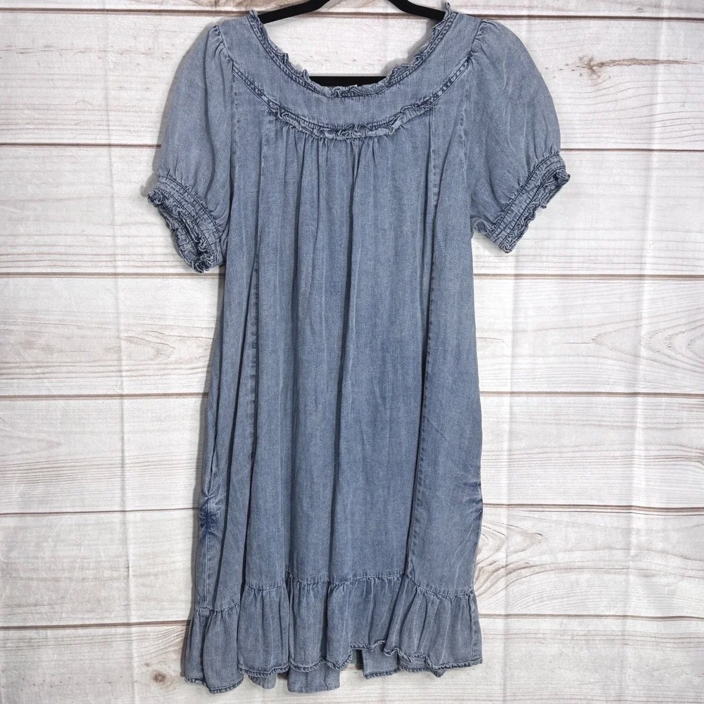 Easel Los Angeles Blue Denim Look Tencel‎ Babydoll Mini Dress Ruffle Small Boho - Picture 2 of 5